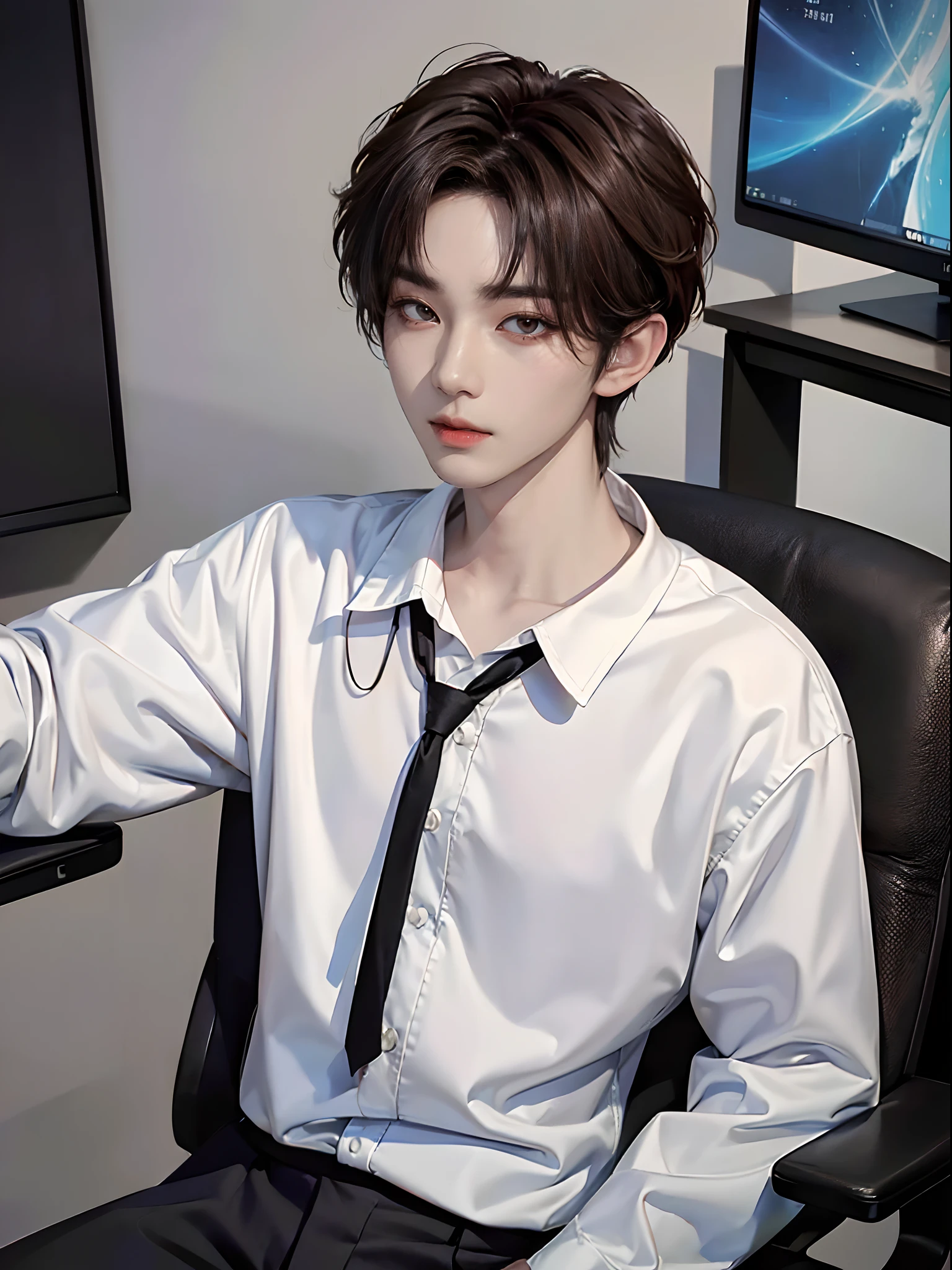 ((4K))、​masterpiece、（top-quality)、((high-level image quality))、One Manly Boy、((White Y-shirt and long black pants))、(Detailed beautiful eyes)、Stylish homeroom、Take a selfie while sitting in a gaming chair in front of your PC、Face similar to Chaewon in Ruseraphim、((short hair above the ears))、((Smaller face))、((Neutral face))、((Light brown eyes))、((Korean boy))、((18year old))、((Handsome man))、((Wild look))、((Korean Makeup))、((elongated and sharp eyes))、((Take a selfie))、((Selfie near the face))、((Upper body photography))