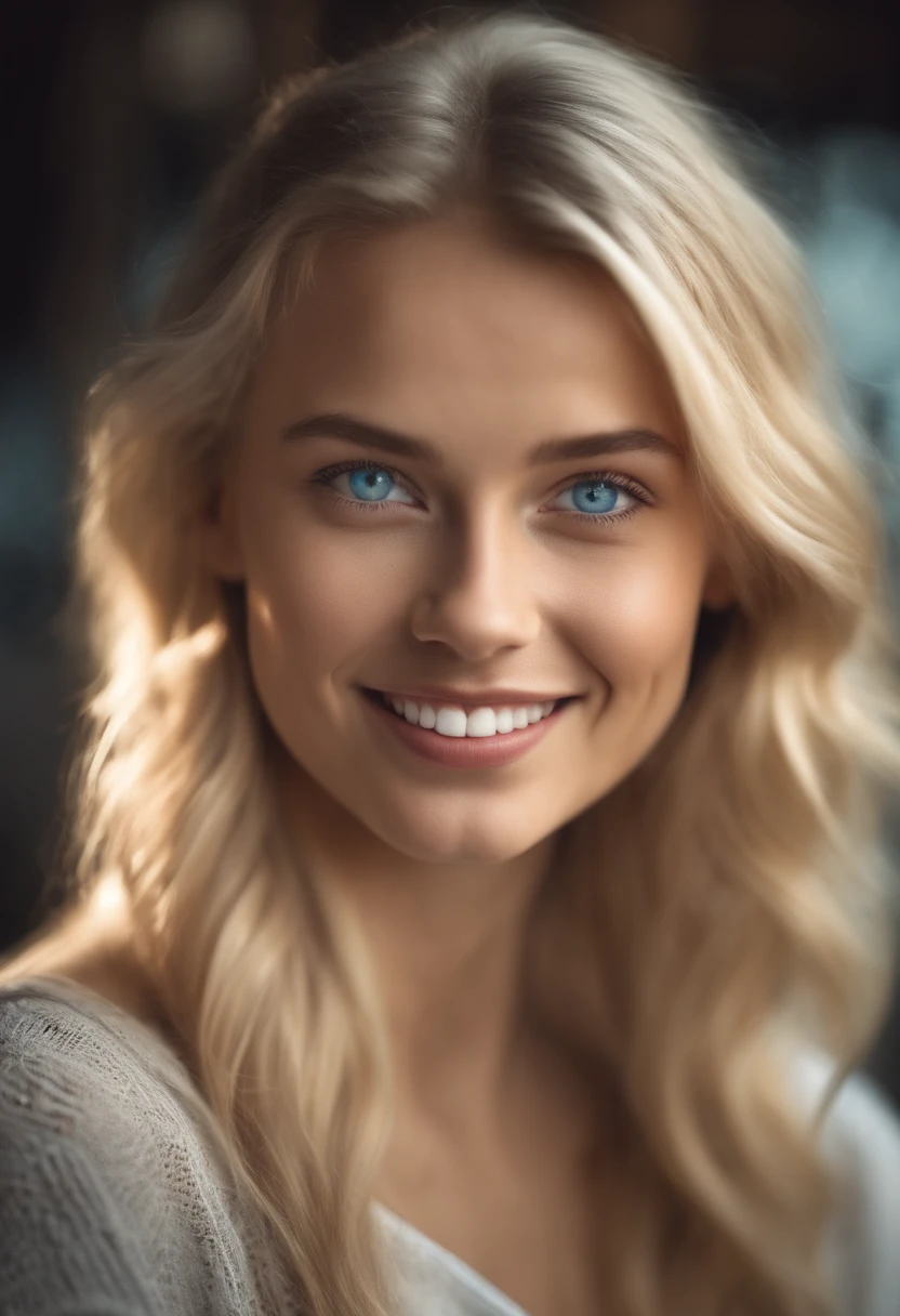 Young blonde girl blue eyes smiling face looks straight realistic background