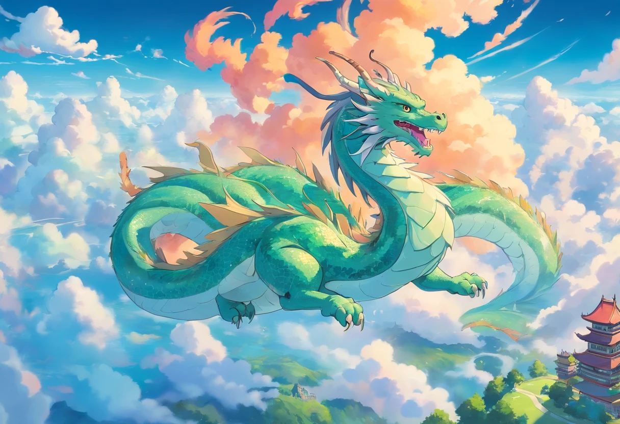 Best Quality, ​masterpiece, Cute iridescent Asian dragon playing with clouds and wind in the sky, isometric, beautiful concept art, optic
