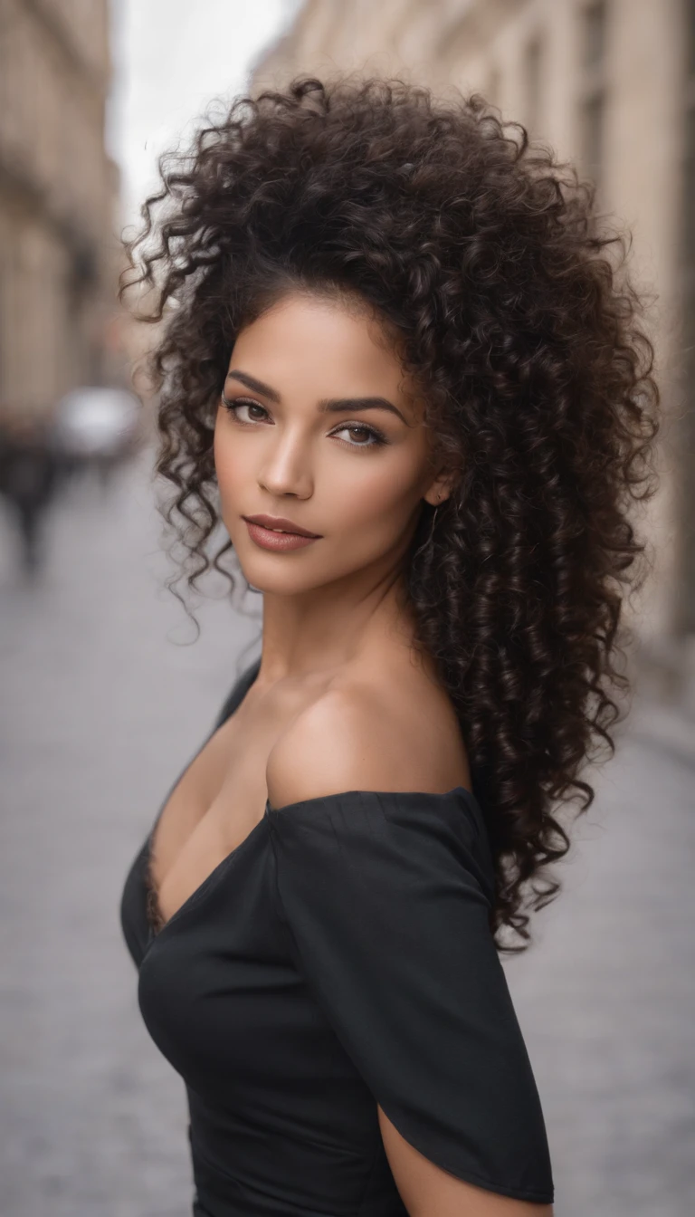 A beautiful and amazing black Brazilian woman，Portrait du haut du corps，Boucles gratuites, black curly hair, (Sombre, Courte, curly hair), Long curly long wild black hair, Multiversales Cheveux, Brazilian, Short, curly black hair, black curly hair, attirer, wavy hair spread out, Boucles baroques, attirer, curly, Helles, curly hair, Cheveux, curlyer Pony full body photo in white downtown