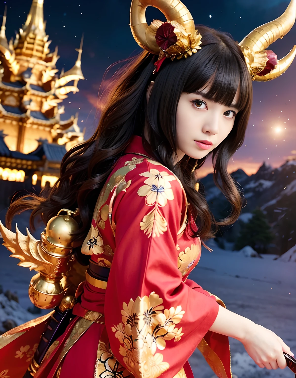 ((World of Darkness)),Professional , ​masterpiece、top-quality、photos realistic , depth of fields 、（sexypose）、(Black maple on the background of full bloom),（Ultimate Beauty）、A dark-haired、（shrine background)、（Kimono with beautiful pattern）、（Night background）、Beautiful hair ornament on the head、（（Precipitous cliffs））,(Wear a beautiful kimono),（Wear a beautiful kimono with colorful floral patterns）、Jewel Gold Weapon、Particles of light),(Wearing a wizard's hat）、Gorgeous gold weapons ,Castle background、（（ Gorgeous Dragon Sword）） , （a dark night）,,（maikurobikini） 、（（Black Haired Beautiful Girl））、（Castle background）、（demonic wings）、（（Gangle's forest background））、Beautiful Caucasian beauty、１a person、dynamic ungle,(((Two devil's horns on the head)))、Smaller head、Idle Smile、Thin and beautiful female hands、Mystical expression、Light Effects、intense fighting、Wind-effect、magic circles、With the legendary magic wand、Dragon's tail、