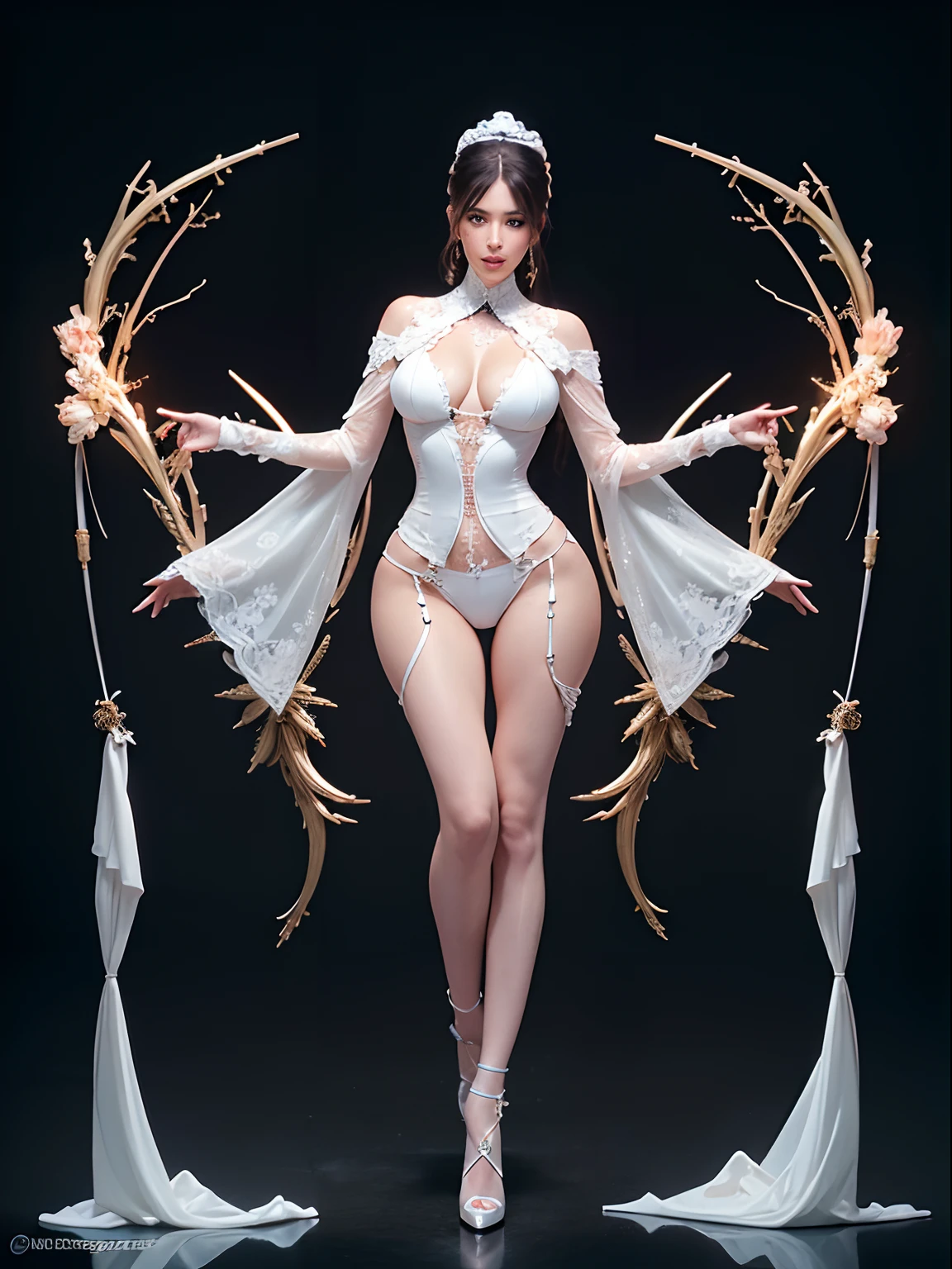 Full body like,Ultra detailed complex 3d rendering of Kim Kardashian's beautiful porcelain profile face,Biomechanical cyborgs,, 150mm lens, Beautiful soft natural light, large leaves and stems, roots, Fine-leaved lace, Colorful Detailed, Masai Warrior, Haute couture by Alexander McQueen Haute Couture, Pearl earrings, Art Nouveau embroidery fashion, steampunc, Complicated details, Wire mesh, Mandelbrot fractal, parfect anatomy, face muscles, cable wires, micro Chip, ellegance, Ultra photo realsisim, ultra - detailed, rendering by octane, Style HR Giger, Volumetriclighting, 8k post production,(RAW photo:1.2),camel-toe,Hollow-out on,sweat leggs,White liquid, Smooth pink skin, shiny metallic glossy skin, Shiny,spread their legs,M-shaped legs,angry look,sullenness,Irritated,white liquid all over body,Full body like