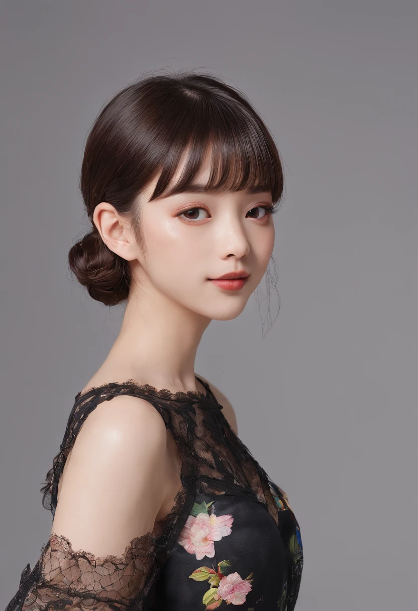 top-quality, Photorealsitic, masterpiece, 8K, 16K,Hi-Res, 独奏, 1girl, (((infp young woman))),、full bodyesbian、(small tits), ((Look at viewers)), (look at a camera), ((Various hairstyles close to long))、Perfect straight black hair、With bangs、 (profetional lighting), Highly detailed bright face、Gentle Japan girl、lovely smile、Floral dress with lace、Standing in the room