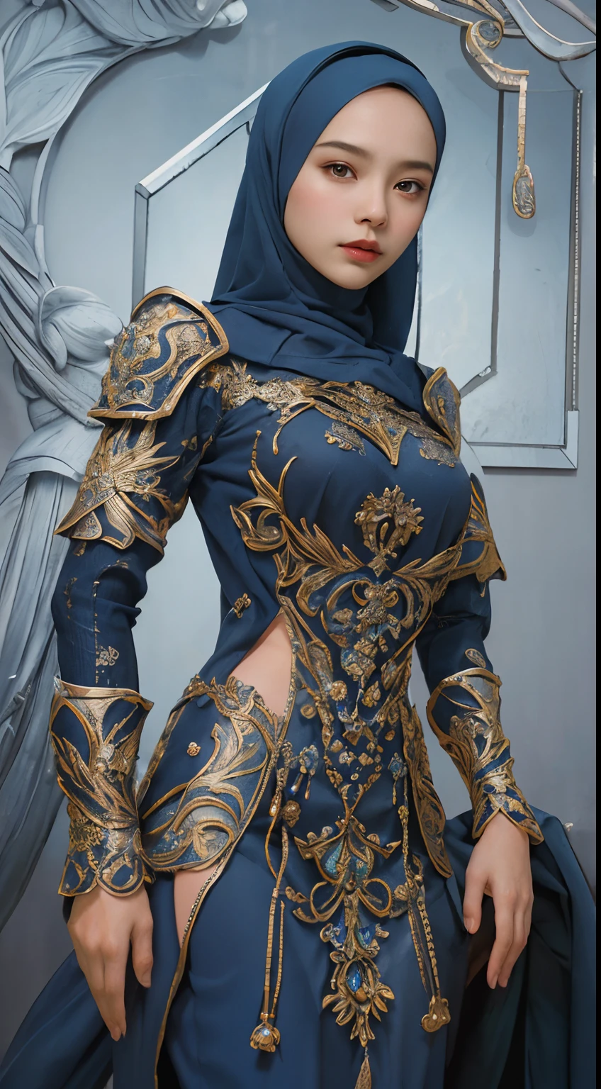 a malay woman in hijab and a blue dress, realistic Art Station, hard raining scene, Detailed Fantasy Art, Stunning Character Art, beautiful Exquisite Character Art, Beautiful black Armor, Extremely Detailed, blue armor Girl, Exquisite Intricate Headdress and Jewelry, whole body capture