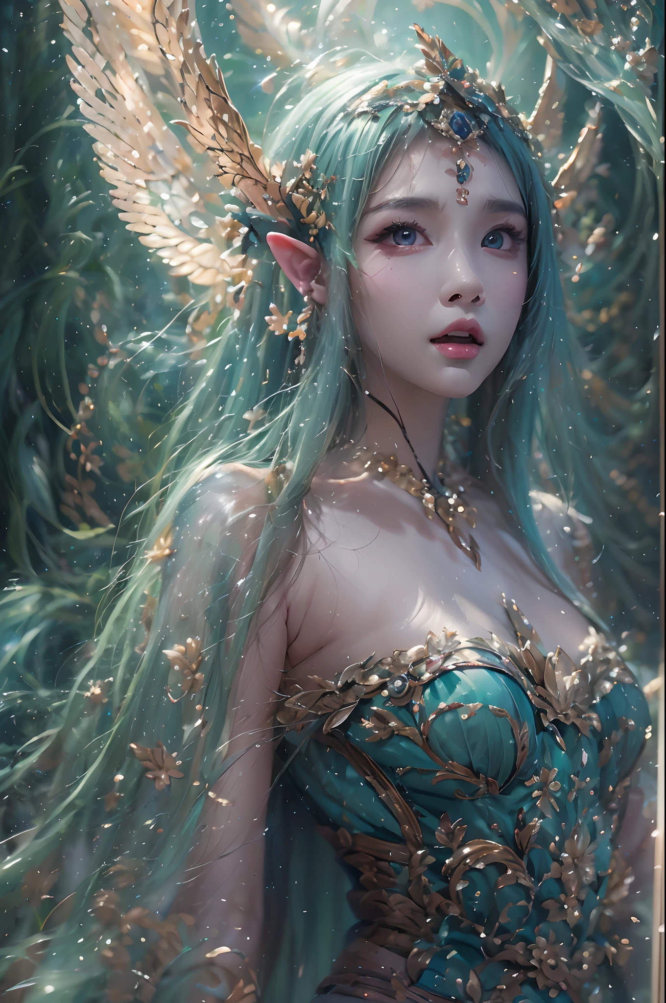 ( Absurd, High quality, Ultra-detailed, Masterpiece, concept-art, smooth, high detail artwork, Hyper-realistic painting ) , elf, Plum elf, plum , Transparent fairy wings, huge tit,low chest,fairytale-like, Romantic, Vivid, Whole body,hand behind back,Malu,largeeyes,(Eye focus),Cosmic eyes,Space eyes,In nature with waterfalls,PureErosFace_V1,Urzang-6500-V1 version.1,