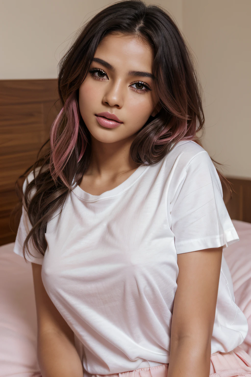 Beautiful woman, dark complexion, mix 4, baggy white t shirt, pillow, lips, open mouth, realistic, photo_\(medium\), solo, (masterpiece), (photorealistic: 1.3), ultra detailed, (high detail) skin: 1.2), (best quality: 1.0), (ultra high resolution: 1.0), (Orchan-6500: 0.3), wavy detailed hair, long hair, pink highlights, sunshine, (beautiful detailed makeup), (sexual arousal, blush, rough breathing: 1.0)