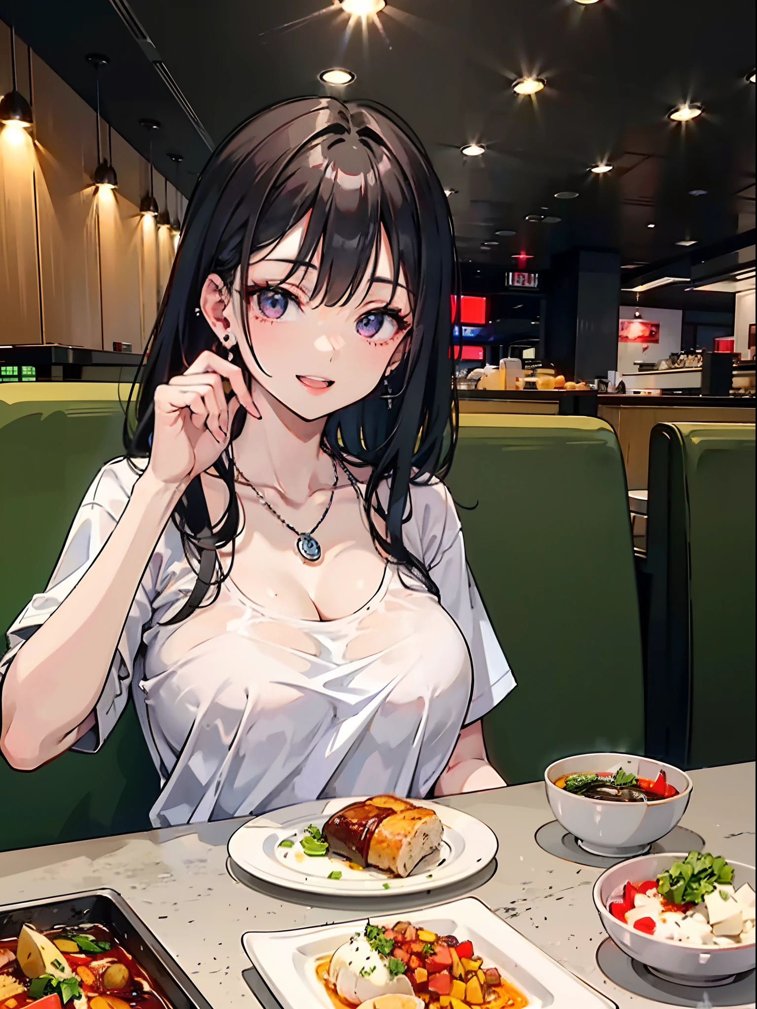 In restaurant, table, food, eating, restauranthigh resolution, 8k, masterpiece, best quality, 1girl, mature female, cute shirt, earring, necklace, large breasts, huge breasts, open mouth, happy smile