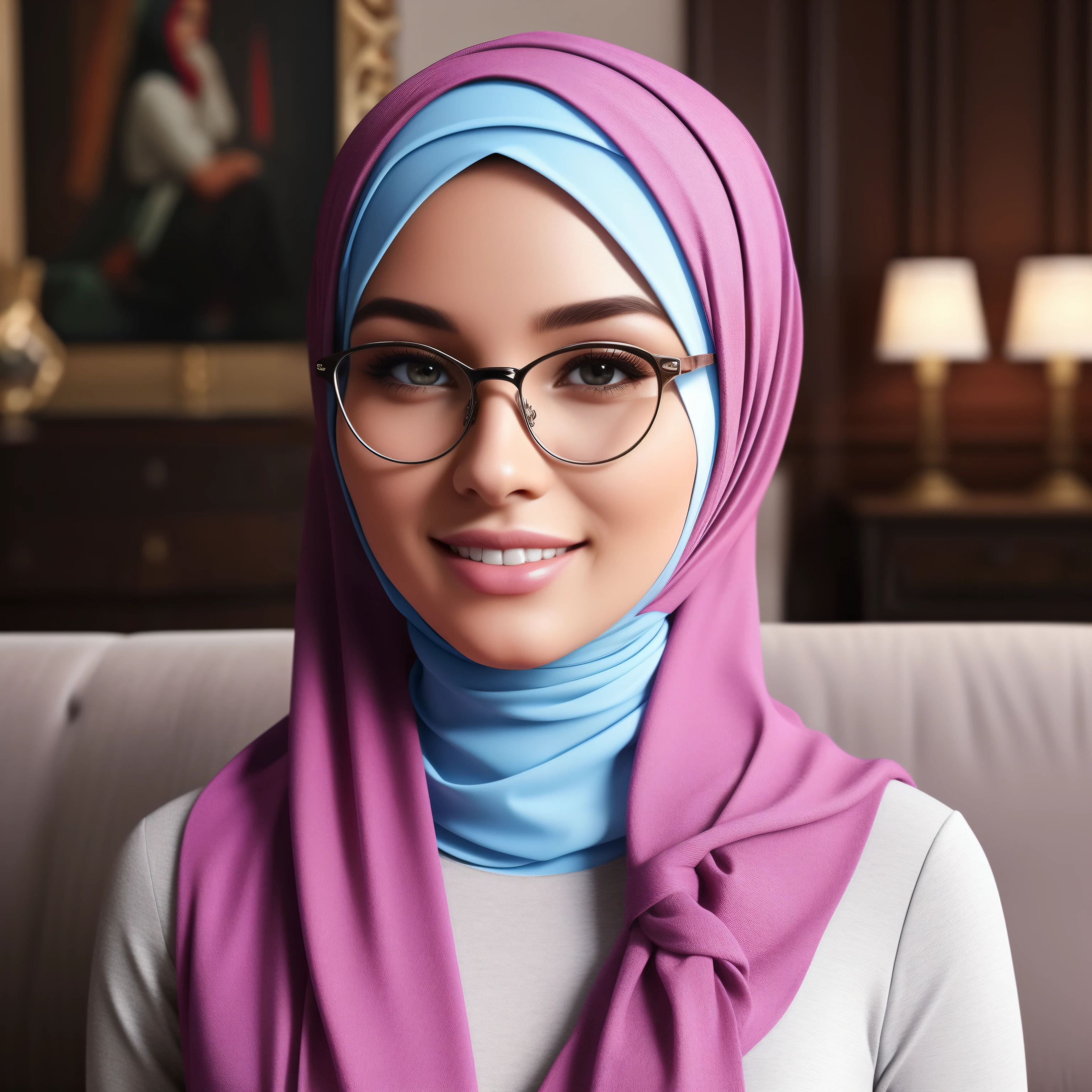 ultra realistic,16k, enhanced quality, perfect face, perfect hands, perfect body, ultra detailed,1girl, perfect hair, girl wearing glasses, perfect glasses, perfect smile, ultra realistic, ultra realistic background, sitting on a couch in a mansion ultra luxurious living room watching television, different poses, looking at view, ultra realistic glowing butterfly, girl wearing perfect hijab, ultra realistic particles, perfect duck lips, Islamic hijab, full body image, full image.