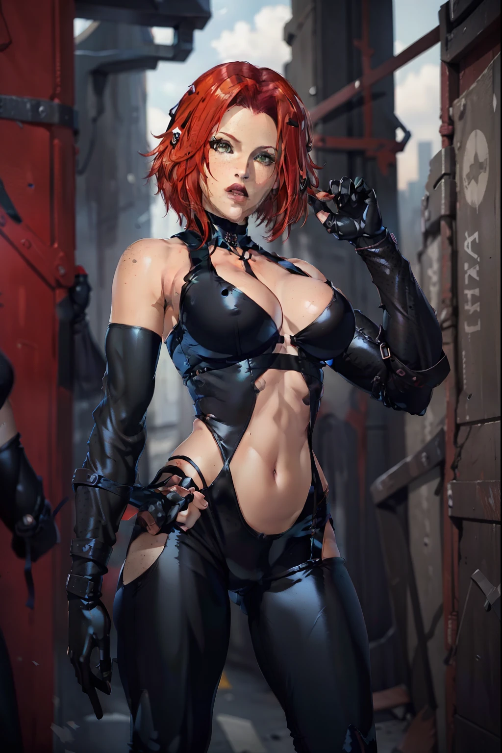 Jennifer Garner as Gothic model cosplaying as Rayne, black leather, black dress, black skintight ((leggings)) and skintight crop top, ((exposed midriff)), freckles, trending on instagram, art by Dmitry Sergeev
