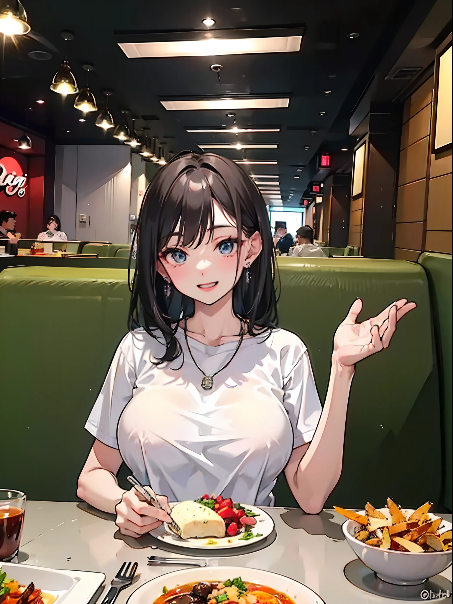 In restaurant, table, food, eating, restauranthigh resolution, 8k, masterpiece, best quality, 1girl, mature female, cute shirt, earring, necklace, large breasts, huge breasts, open mouth, happy smile
