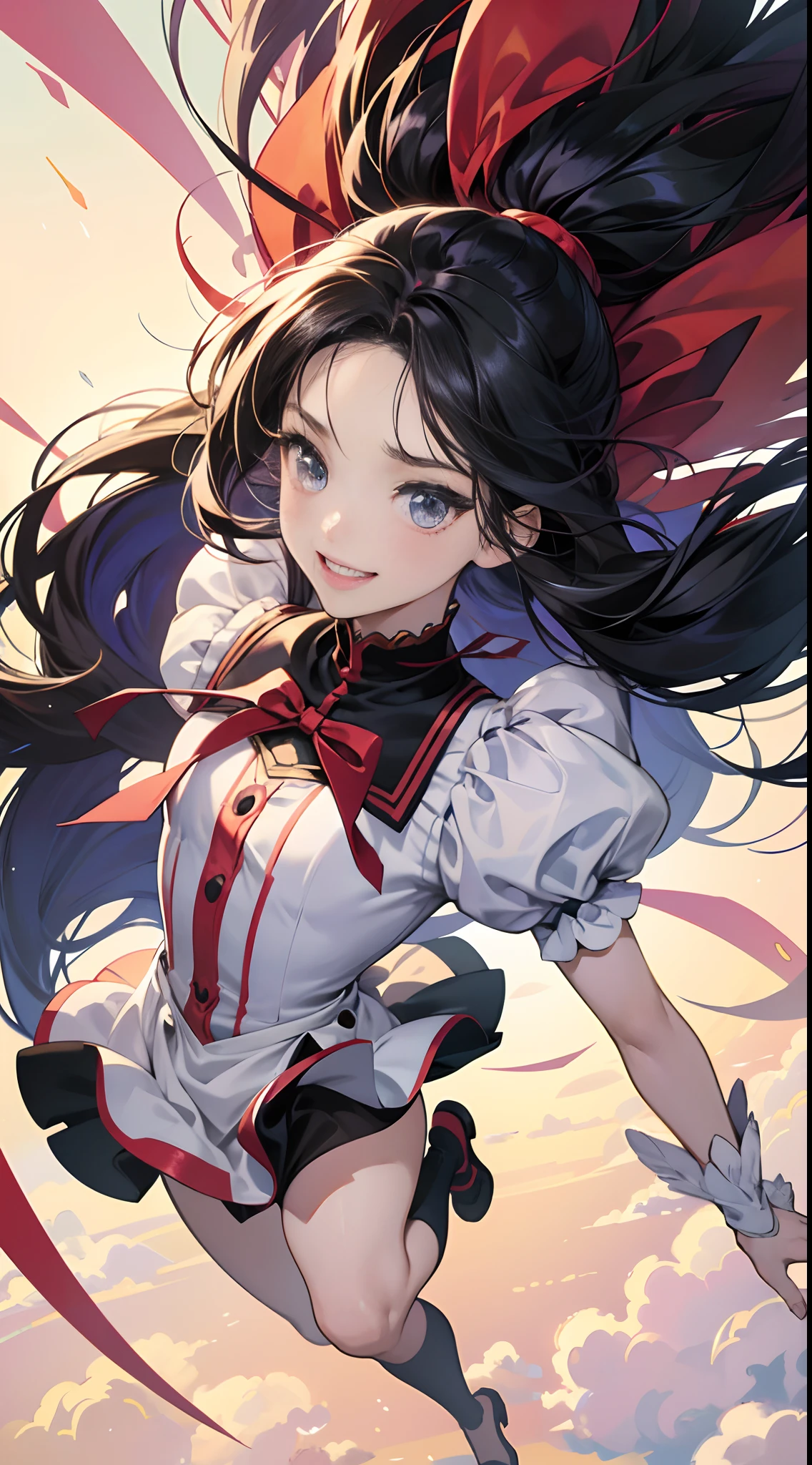 (Best Quality,4K,High resolution), girl with, Red mesh hair on black hair, Long hair, Straight hair,dishevled hair， The best smile, Comical appearance，comic strip，animesque，Comical illustration，Cute illustrations delicately drawn in detail，magical little girl，Compact size，Small body，Floating in the air，Full body close-up，Looking up at the camera from above