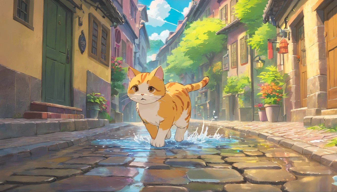 Gatinho, On the cobblestone street, Playing in a puddle of water