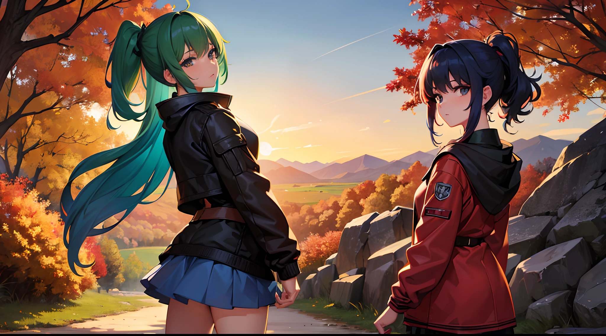 masterpiece, lots of detail, 4k, 8k, ((ultra-detailed)), highres, 2girls, outerwear, hill, distant terrain, autumn, wind, looking back, {red hair|green hair|black hair|blue hair}, {ponytail|short hair|long hair|curly hair}