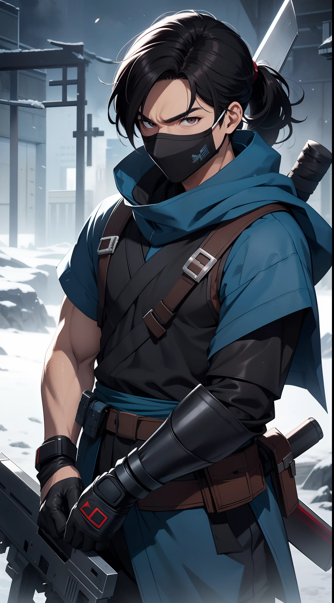 Grown-up guy, short black hair, high ponytail, Brown eyes, mask, blue shinobi kimono, Sleeveless, Sub-Zero, cold, ice, blizzard, axe, Masterpiece, hiquality, 4k, HD, Good detail