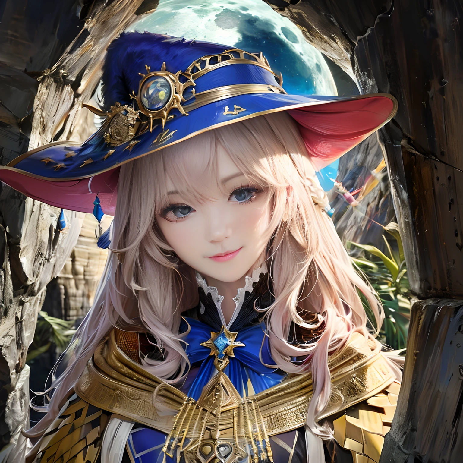 One wears(((Magic robes:1.5))),Wearing((((Pointy:1.7)Magic Hat:1.5))),((Take the staff))The beauty exhibition looks ahead,Sit in one((Towering rocky cliffs:1.5)),Behind it is a large full moon,Fantastic view,Realisticstyle,ultra-realistic realism,(12K),(tmasterpiece),(A high resolution),(Exquisite depiction of facial features),(Highly detailed depiction of facial features),(high qulity),(high detal),(awardwinning),(high qulity),Close-up shot,Ray traching,first person perspective,