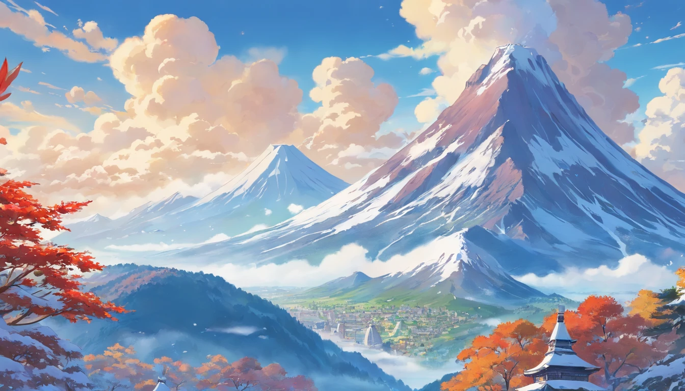 snow mountains,Rolling peaks,Oyuki,fall foliage,surrounded by cloud,Thick clouds,oc rendered,high qulity,tmasterpiece,Hyper-realistic,Ultra photo realsisim,8K,super-fine,ultra - detailed,Ultra-wide angle of view,dynamic viewing angle