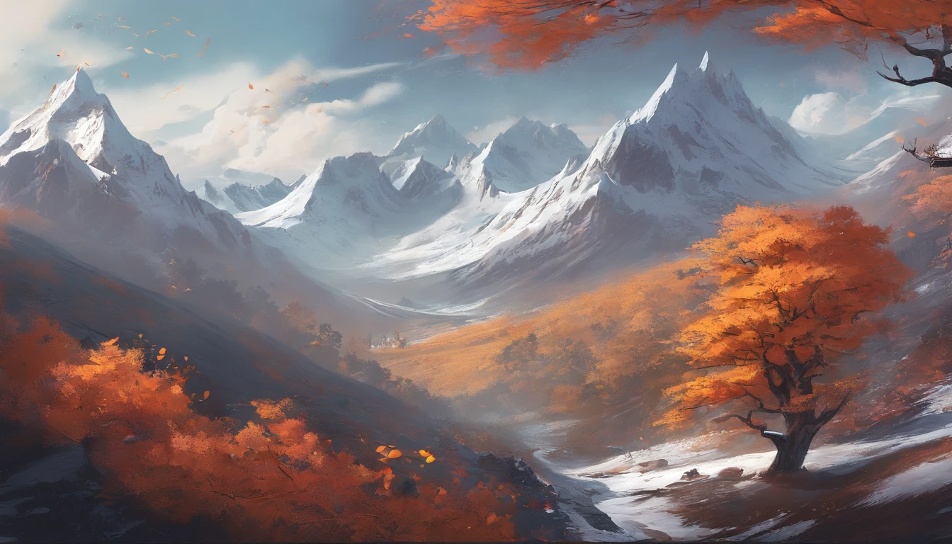 snow mountains,Rolling peaks,Oyuki,fall foliage,surrounded by cloud,Thick clouds,oc rendered,high qulity,tmasterpiece,Hyper-realistic,Ultra photo realsisim,8K,super-fine,ultra - detailed,Ultra-wide angle of view,dynamic viewing angle