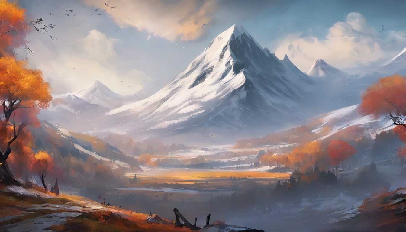 snow mountains,Rolling peaks,Oyuki,fall foliage,surrounded by cloud,Thick clouds,oc rendered,high qulity,tmasterpiece,Hyper-realistic,Ultra photo realsisim,8K,super-fine,ultra - detailed,Ultra-wide angle of view,dynamic viewing angle