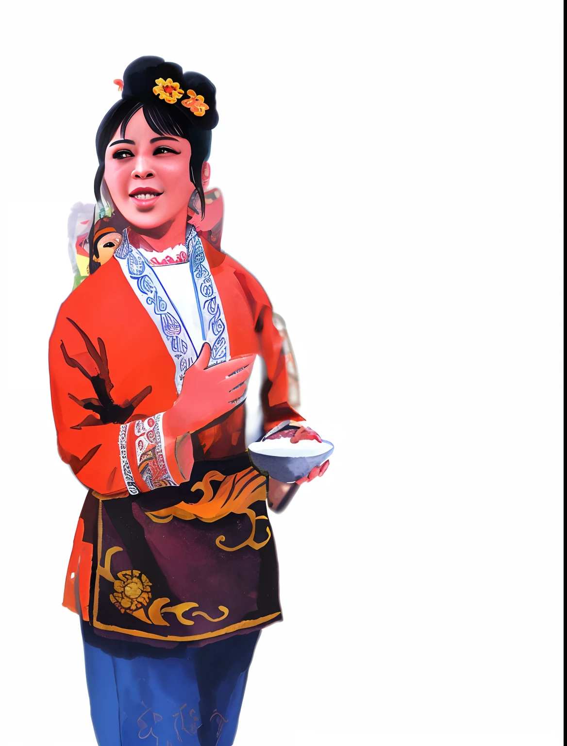 A woman in traditional Chinese attire, in various poses and expressions, niji, traditional Zhuang ethnic costume, black hair put up in a bun, adorned with small flowers, watercolor