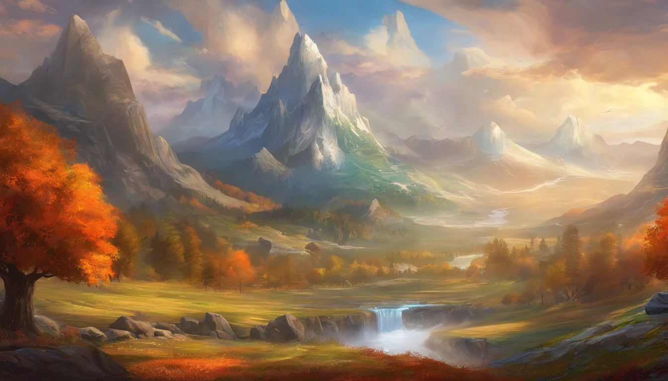 snow mountains,Rolling peaks,Oyuki,fall foliage,surrounded by cloud,Thick clouds,oc rendered,high qulity,tmasterpiece,Hyper-realistic,Ultra photo realsisim,8K,super-fine,ultra - detailed,Ultra-wide angle of view,dynamic viewing angle