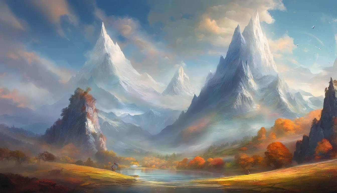 snow mountains,Rolling peaks,Oyuki,fall foliage,surrounded by cloud,Thick clouds,oc rendered,high qulity,tmasterpiece,Hyper-realistic,Ultra photo realsisim,8K,super-fine,ultra - detailed,Ultra-wide angle of view,dynamic viewing angle