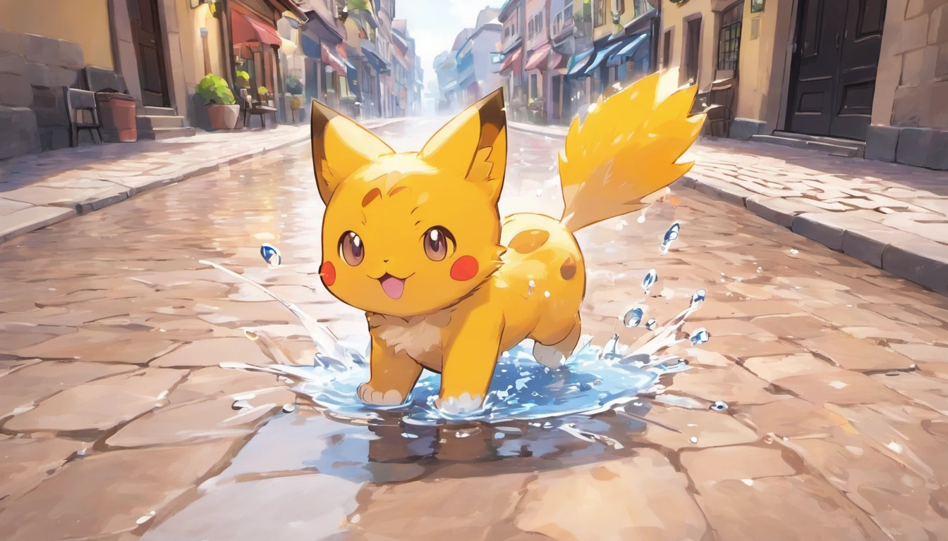 Gatinho, On the cobblestone street, Playing in a puddle of water