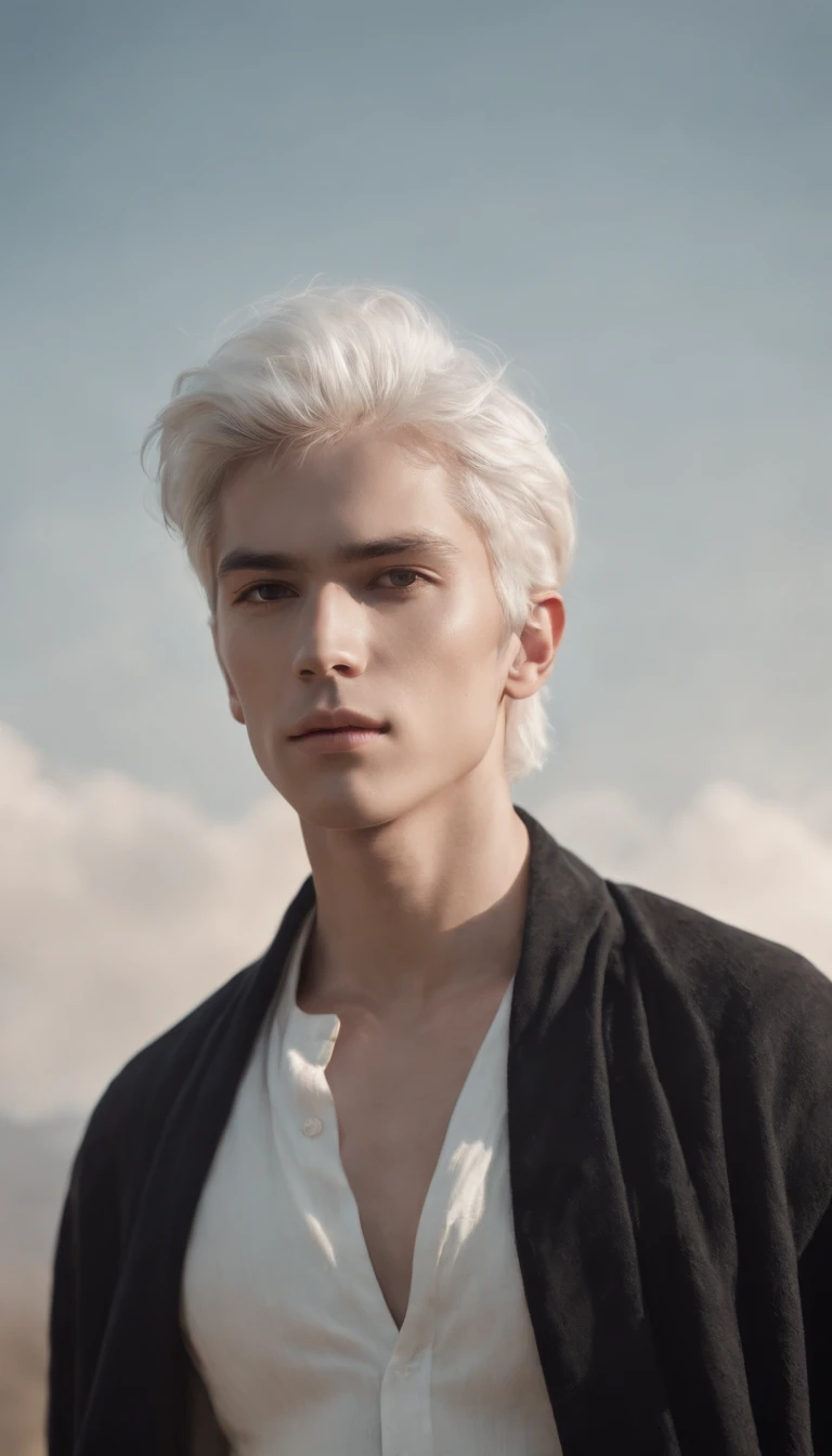 Generate a majestic image of a young male like a gods, surrounded by an aura of power and grace, white hair, short hair, slim body ,emanating wisdom and strength around you , powerful