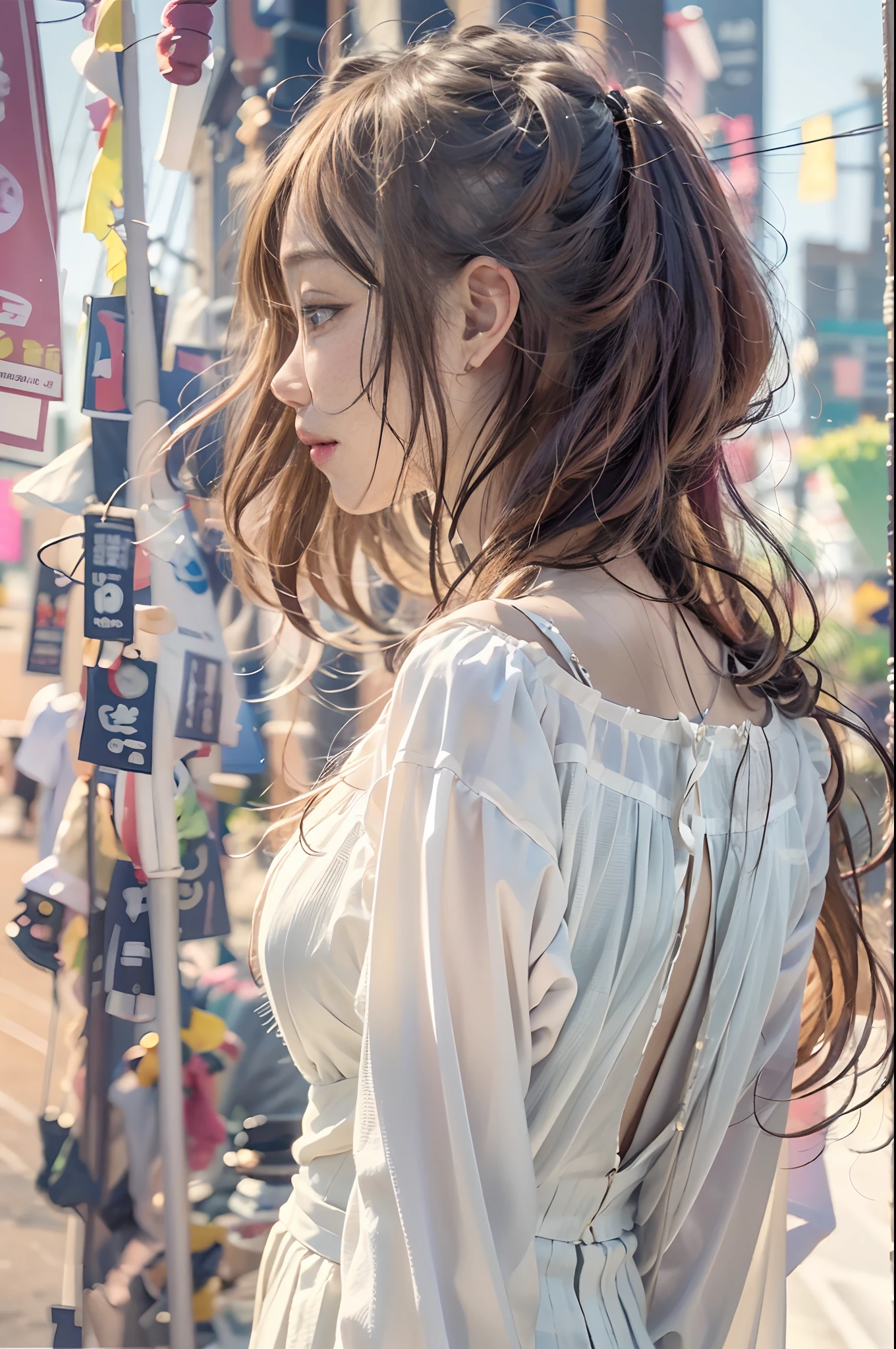 (Front Focus)、(ultra-detailliert、16 K、Raw photo: 1.6)、Portrait of a hyperrealist woman、Fantasia 、art by、photoRealstic、Dynamic lighting、Volume Lighting、extra detailed face、smil、女の子1人、sixteen years old、eye glass（White ONE PIECE DRESS、Back exposure、Exposed shoulders、Looking Back 1.5:）Perspective from behind、Lots of street stalls、夏天、In the Dark、natta