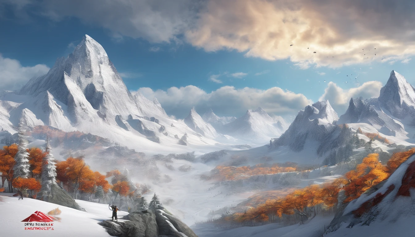 snow mountains，Rolling peaks，Oyuki，fall foliage，surrounded by cloud，Thick clouds，oc rendered，high qulity，tmasterpiece，Hyper-realistic，Ultra photo realsisim，8K，super-fine，ultra - detailed，Ultra-wide angle of view，dynamic viewing angle