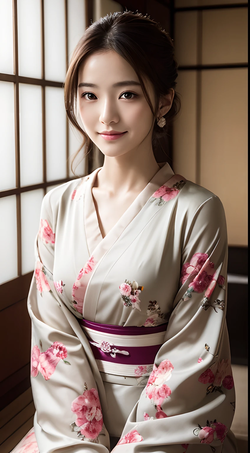 (Photorealsitic:1.4), (Top image quality:1.0), (超A high resolution:1.0), 8K, Raw photography, (masterpiece:0.2), (pureerosface_v1:0.5)、(Best Quality Detail:1.2)、realisitic、8K UHD、hight resolution、(1girl in:1.2)、The ultra-detailliert、High quality textures、intricate detailes、detaileds、Very detailed CG、High quality shadows、Detail Beautiful delicate face、Detail Beautiful delicate eyes、depth of fields、Ray traching,1girl in, japanaese girl, Cute, slender, Kimono with Japanese pattern,Floral scrunchie, Beautiful skin, Facing the front,Sit down, Sit upright and say thank you,Align your hands elegantly,Smile faintly The Land of Japan,Japanese garden,Luxury Japanese-style room, skyporn, Magic Hour, (Realistic:1.3), Finely detailed, quality, (masutepiece:1.2), (Photorealistic:1.2), (Best Quality), (Intricate details), Dramatic, Ray tracing, photograph, +Lola
