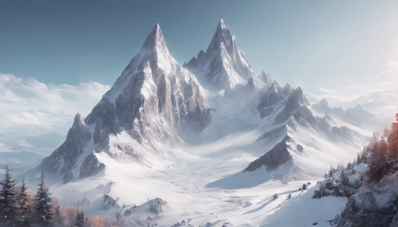snow mountains,Rolling peaks,Oyuki,fall foliage,surrounded by cloud,Thick clouds,oc rendered,high qulity,tmasterpiece,Hyper-realistic,Ultra photo realsisim,8K,super-fine,ultra - detailed,Ultra-wide angle of view,dynamic viewing angle