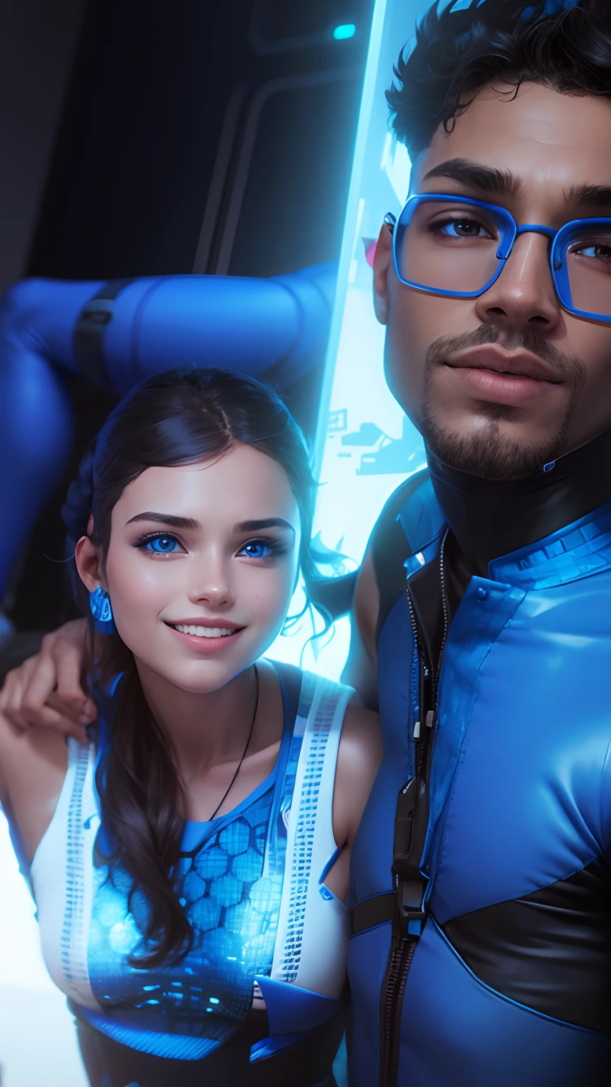 Boy and girl with blue outfit futuristic ba