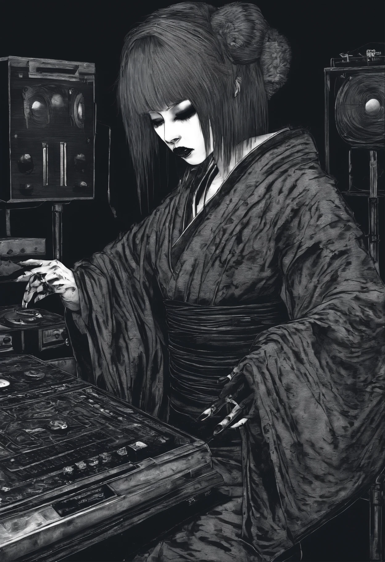 dark broody traditional japanese emo female geisha dj djing skinhead, hairgoth, emo goth spikey fashion viynl mixing decks
