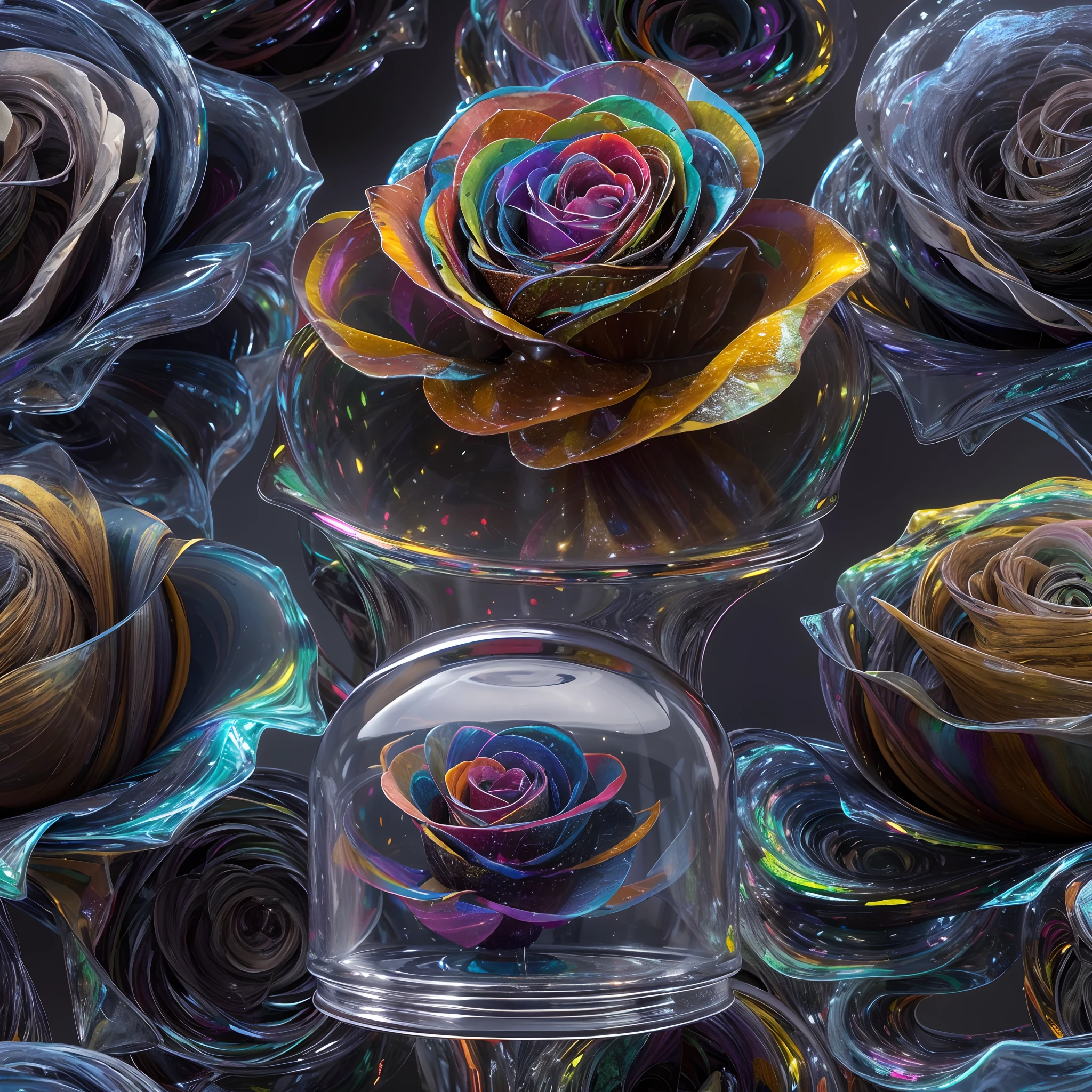 A masterpiece of the highest quality and ultra-detail. A single transparent black rose is stuck inside a jar decorated with elaborate high-tech equipment. Cutting-edge technology, futuristic art, and works of art that no one on earth has ever seen before. Zoom in. Vibrant high contrast colors. A black rose composed of the ultimate DNA, shining a mysterious rainbow aura and illuminating the space. It's a creative atmosphere. Photorealistic, just like a real photo.