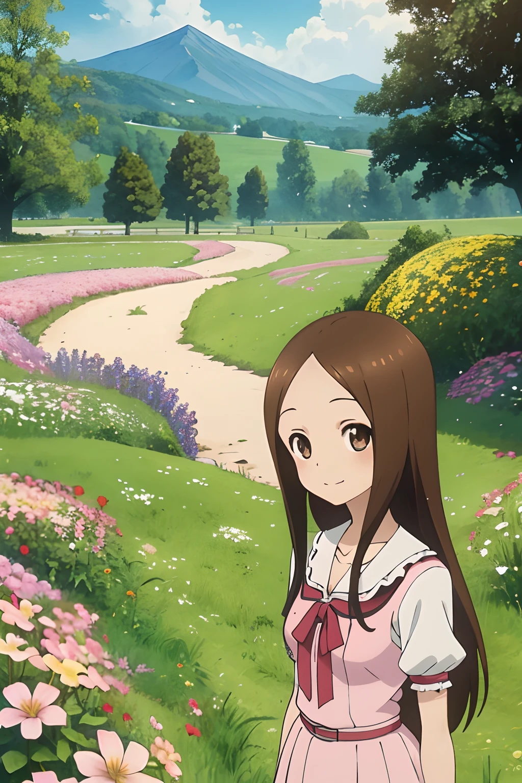 (Realistic),(Photorealistic),Takagi_San, 1girl in, Height 155 cm,Long hair, Cat's ears,Brown hair, Part bangs, Brown eyes,（（German national costume））,（（white frills））,（pink clothing）,large full breasts,cleavage of the breast,Forehead,Smile, Looking at Viewer,masutepiece,Big ass,Cat's tail,Full body, Best Quality, (Colorful),volumatic light, Ray tracing,the Extremely Detailed CG Unity 8K Wallpapers,Smile,((flying petal)),(Flowery meadow), Sunny,Sunshine, light, Fantasy, Windy, magic sparks, Trees, lake, mountainscape, ((Flowers)),weeds