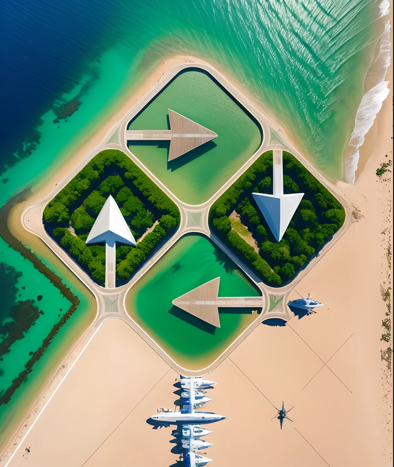 Sight of birds' eyes. Uma ilha rodeada pelo mar. A ilha tem a forma de flechas, The island is covered with vegetation. A ilha tem praias de areia branca, There is a ship at sea, There are seagulls, fotografia de drones, Aerial view, ilha tropical, air shot, muito perto da natureza real