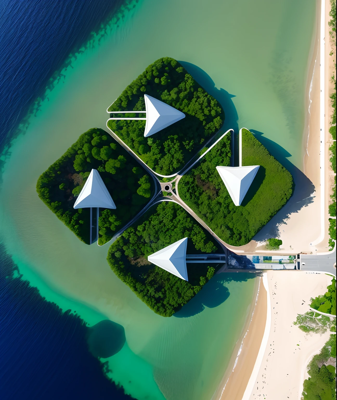 Sight of birds' eyes. Uma ilha rodeada pelo mar. A ilha tem a forma de flechas, The island is covered with vegetation. A ilha tem praias de areia branca, There is a ship at sea, There are seagulls, fotografia de drones, Aerial view, ilha tropical, air shot, muito perto da natureza real