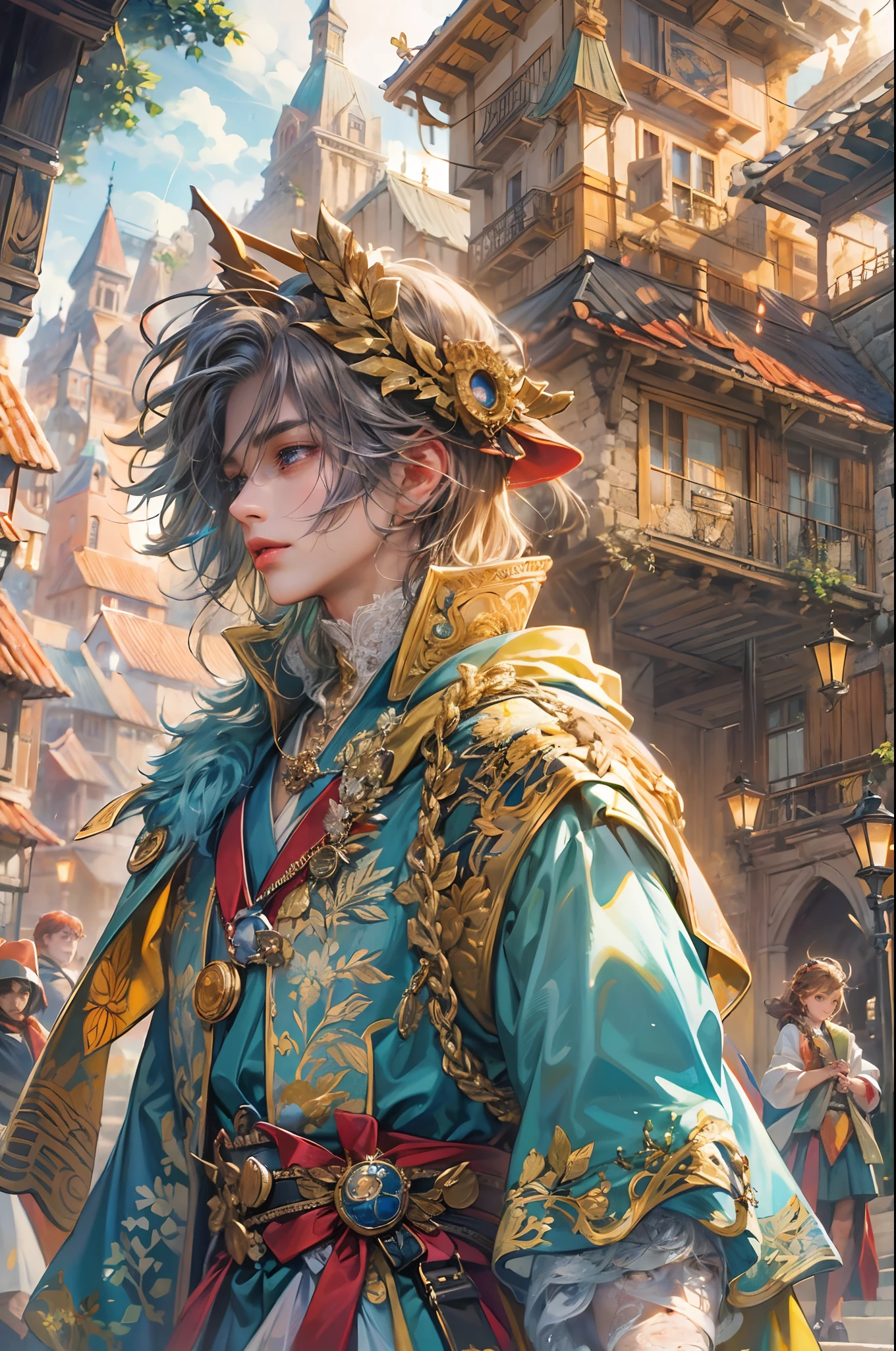 (absurdres, highres, ultra detailed, HDR), masterpiece, best quality, anime, echoes of mana character, handsome young hero wearing detailed headgear, detailed face, handsome face, boy talking to the Villain a girl wearing detailed robe, strolling at the town of domina, detailed face, anime eyes, detailed character, detailed outdoor, detailed town