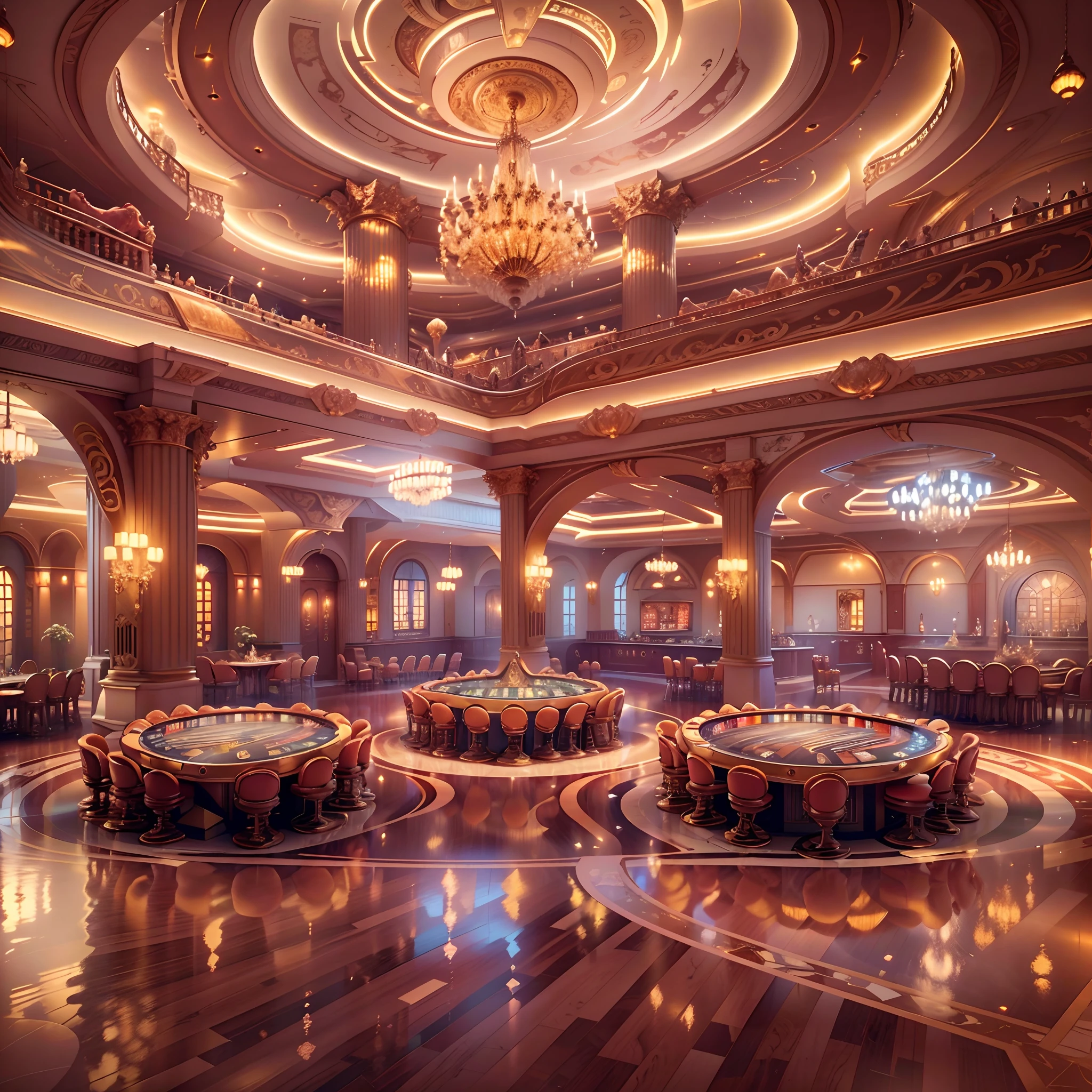 (Best quality,4K,8K,A high resolution,Masterpiece:1.2),Ultra-detailed,Realistic,Photorealistic:1.37,Large gambling casinos,The lights are shining,Richly decorated,Shiny chandelier,Luxurious marble floors,Spacious gaming table,Professional chips, Elegant roulette,Towering slot machines,Exquisite glassware and champagne bottles in the VIP lounge area,Impressive ceiling frescoes depict scenes of victory and fortune,Gravity-defying architecture and stunning glass facades, Magnificent aerial view of the entire casino complex at night,Dynamic interaction of light, Create captivating visual spectacle,Illuminate the scene with warm and inviting lighting.