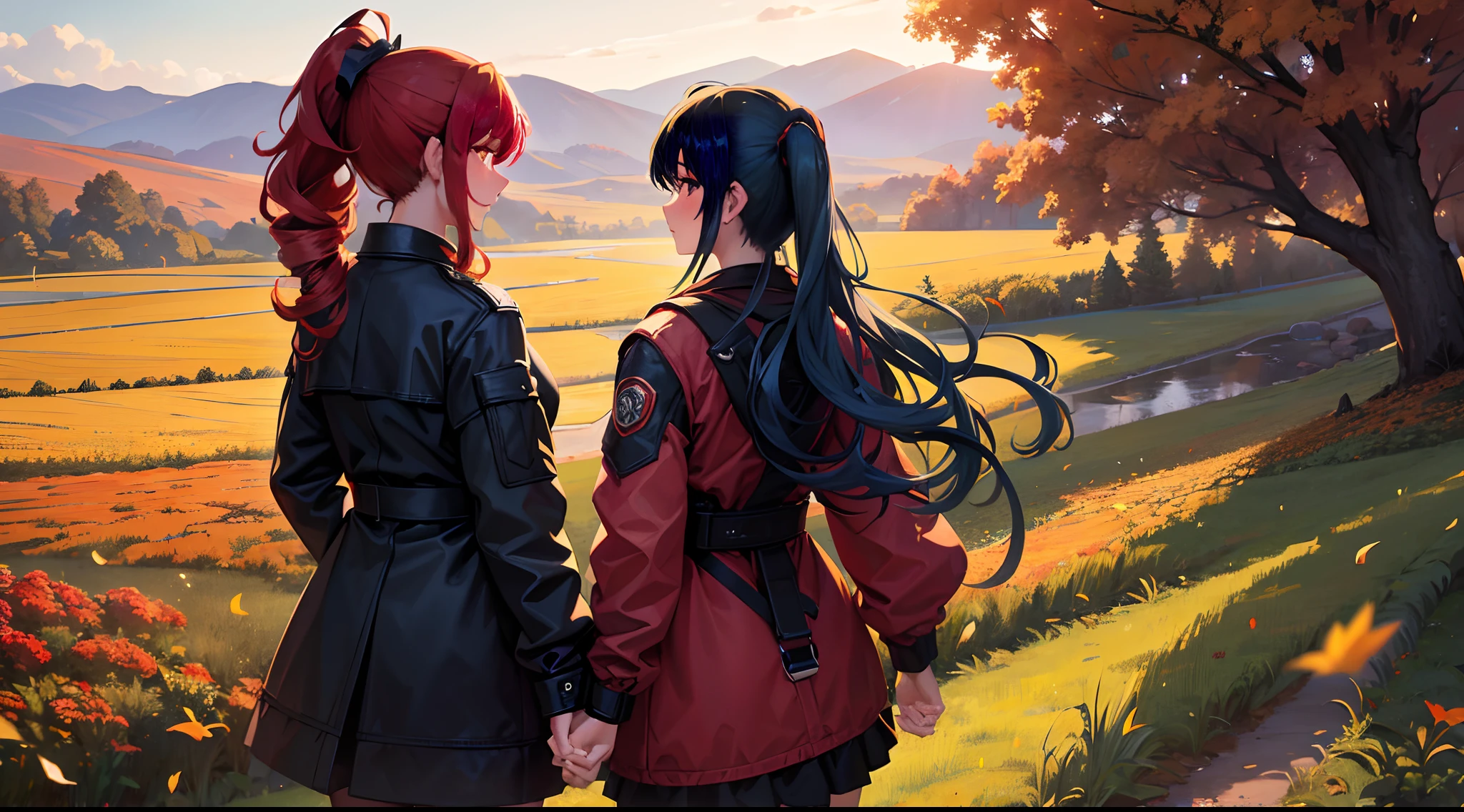 masterpiece, lots of detail, 4k, 8k, ((ultra-detailed)), highres, 2girls, outerwear, hill, distant terrain, autumn, wind, back, {red hair|green hair|black hair|blue hair}, {ponytail|short hair|long hair|curly hair}