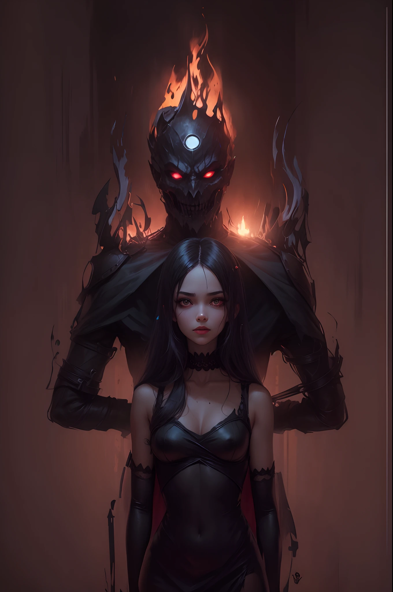Dark demonic creature with a scared crying human who is about to offer his soul to this creature