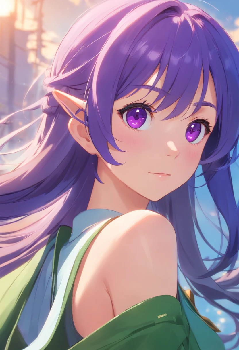 Purple eye,cyanhair,Lazy expression,Western fantasy,Magical fantasy,the elf,Tall and tall,Beautiful breasts,detail in face,