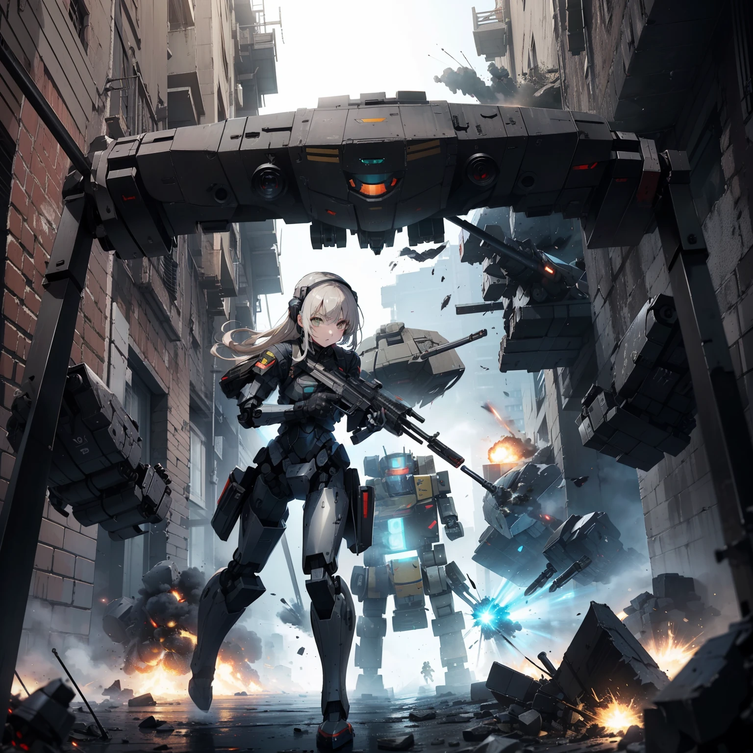(Female soldier with strong body)、(((Shoot machine guns to destroy enemy robots:1.4)))、1 Female 1 Robot、(Black combat uniform)、(platinum-blonde-hair:1.2)、Have multiple weapons、Running through the rubble、((超A high resolution))、Detail Write、masterpiece、top-quality、extremely details CG、8K picture quality、Cinematographic lighting、lensflare、(Night combat)、((From the inside of the building to the outside))、Hyper-detailing、Android wreckage、cowboy shot:1.4、From diagonally above 、(HK416)、turned around、Detailed firearm depiction、Firearms with perfect detail、Long barrel without distortion、As I ran