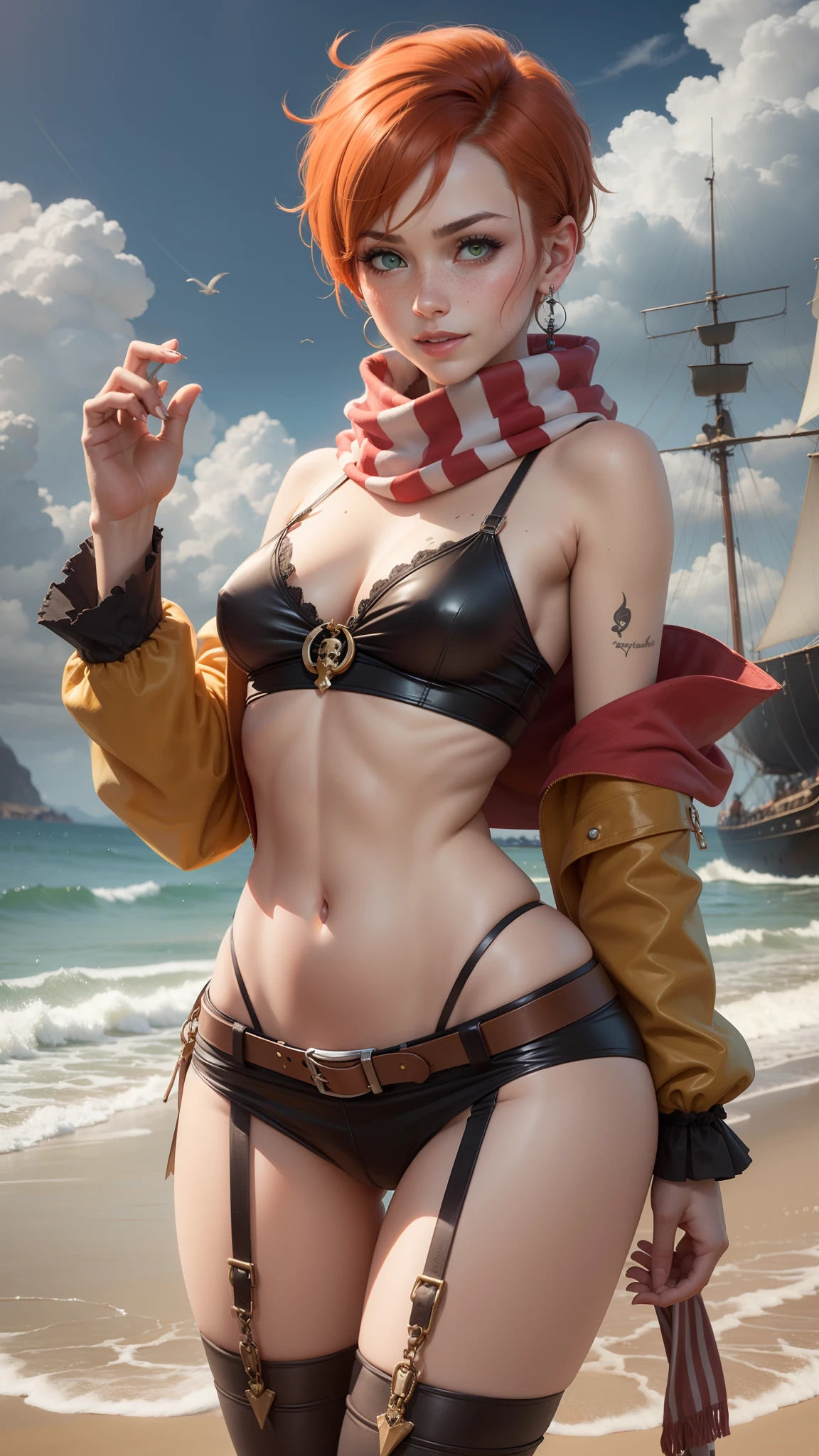 gwen tennyson,rebecca chambers, tracer,marie rose,atelier ryza,pirate outfit,beach,young ager,green eyes,long scarf,thigh high boots,garter belt, shy smile,striped panties,short hair,orange hair,pirate ship,white striped top,tight gothic mini skirt,wet body,freckles,redhead,pirate corset,pirate jacket,beautiful girl,small breasts,ultra detailed,realistic,pearl earrings,hentai,