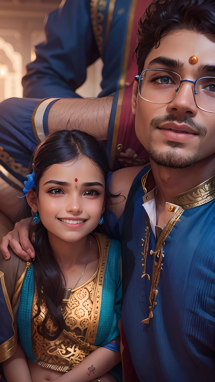 Boy and girl with blue outfit with Indian mandir