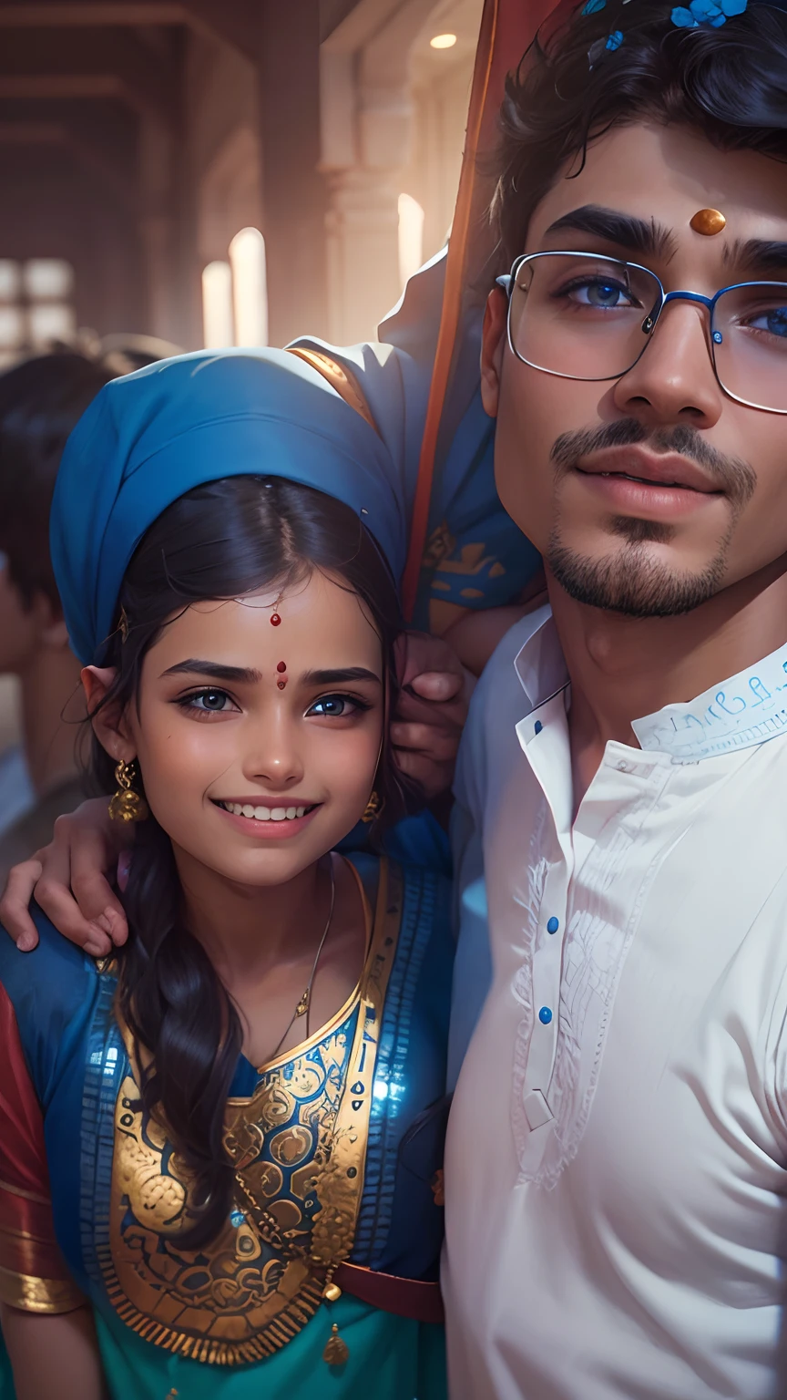 Boy and girl with blue outfit with Indian mandir