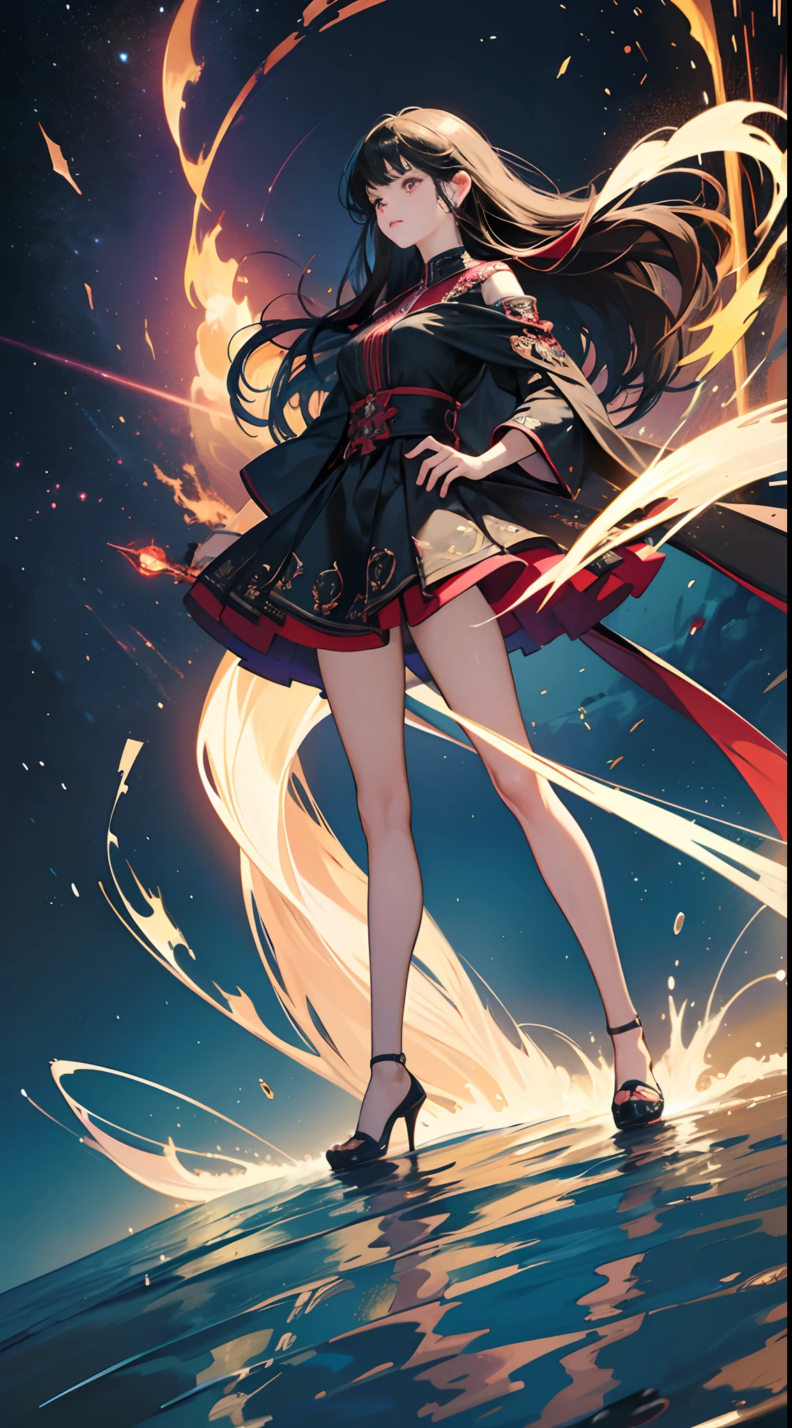 full-body close-up, create an elegant atmosphere), Red short skirt, Black top, Orange short hair, graceful flowing, elegant movements, lustful smirking smile expression (red blush), floating in the air, (1girl), slim figure) fire and Ice background 
