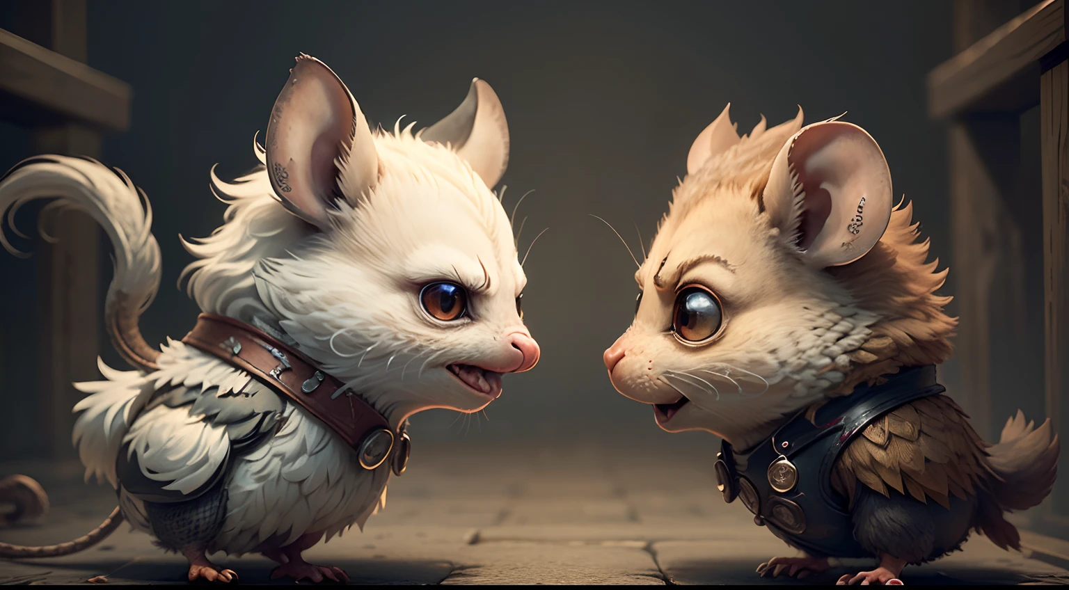 An angry old hen and an angry rat face to face