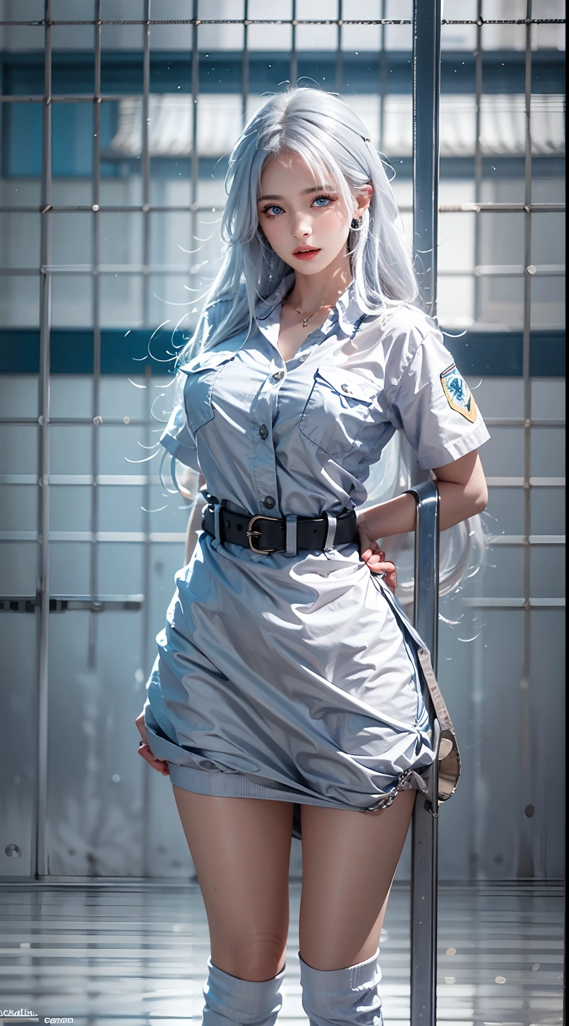 photorealistic, high resolution, soft lights, 1women, solo, hips up, (blue eyes, long hair, white hair), prisoner uniform, prison, hips up