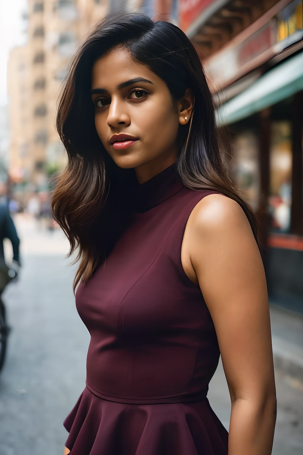 (full body, editorial photograph of a young dusky Indian woman), photographed in a busy street, (highly detailed face:1.4) (smile:0.7) (background Busy indian street , moody, private study:1.3) POV, by lee jeffries, nikon d850, film stock photograph ,4 kodak portra 400 ,camera f1.6 lens ,rich colors ,hyper realistic ,lifelike texture, dramatic lighting , cinestill 800, realistic, wearing maroon Square-Neck Peplum Top, actress, karla ortiz, posing!!, candid picture, by Max Dauthendey, medium body, black hair, tied hair, medium hair length  realistic skin texture, brown skin